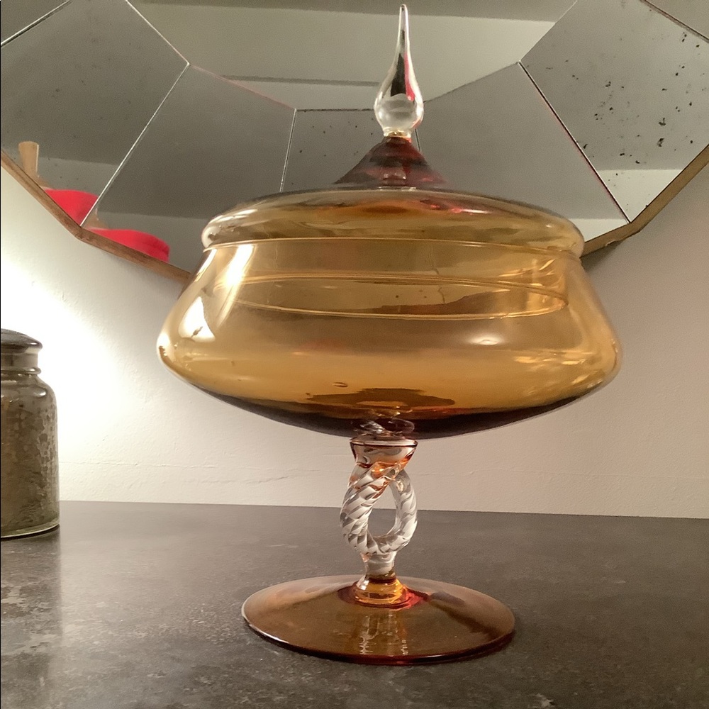 Vintage Amber stemmed covered dish